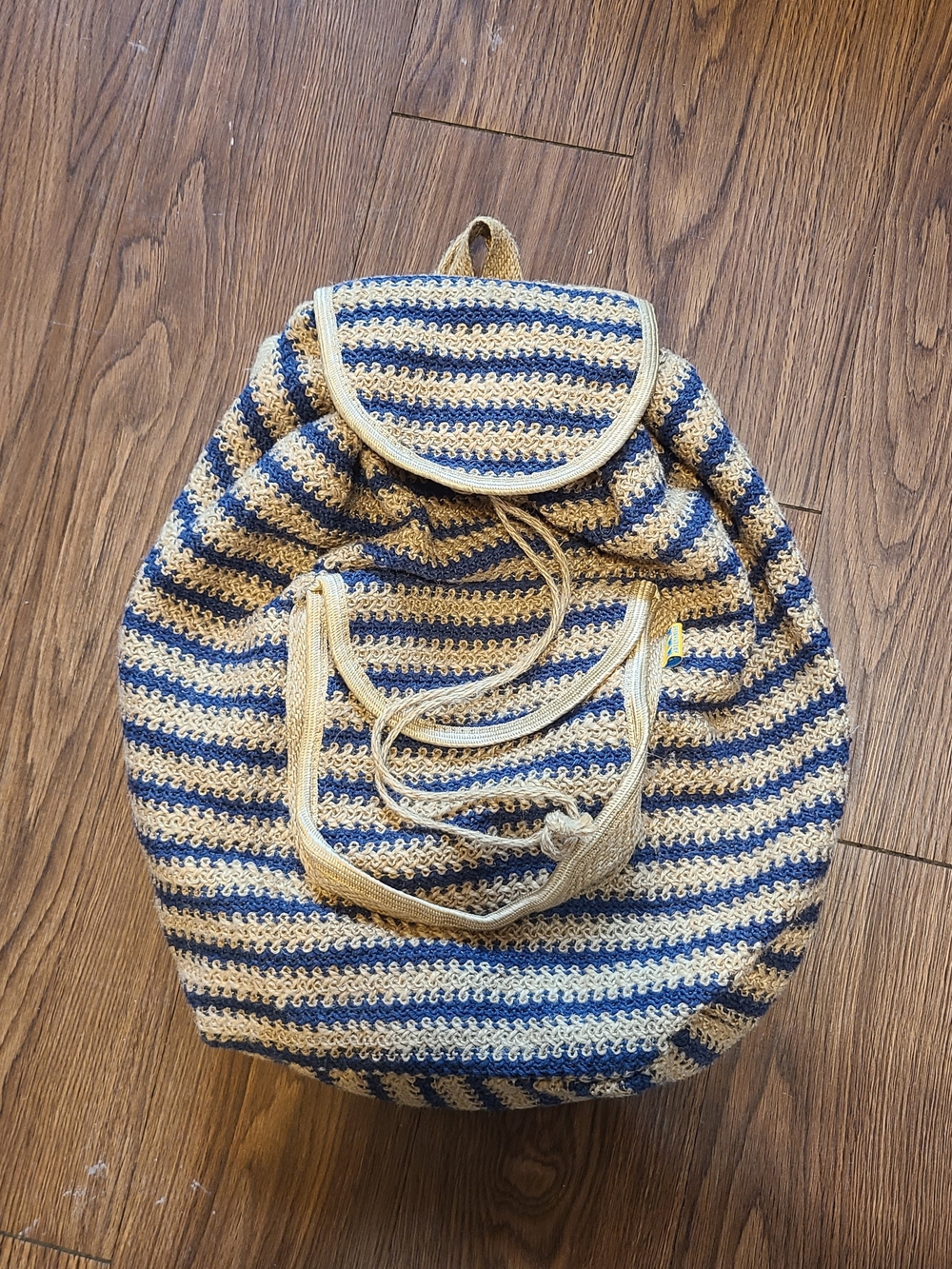 Boho Style Striped Navy and Cream Crochet Backpack Natural Fibers